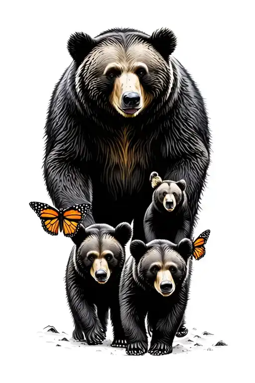Papa bear and 3 black bear cubs and 2 monarch butterfly walking in the wilderness trees tattoo design idea