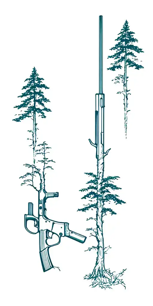 rifle and jungle forest with trees tattoo design idea