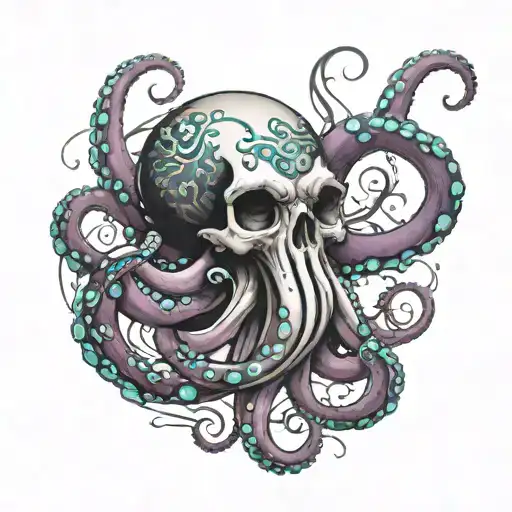Sleeve tattoo design of a violet and turquoise octopus with a skull head, its tentacles wrapping around the arm, with a  tattoo design idea