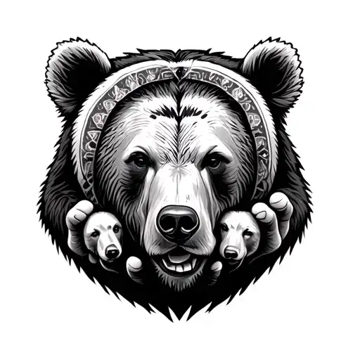 Mama bear holding native American shall with 4 baby bear faces on it tattoo design idea