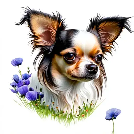 Chihuahua long hair white in the poppy seed field tattoo design idea