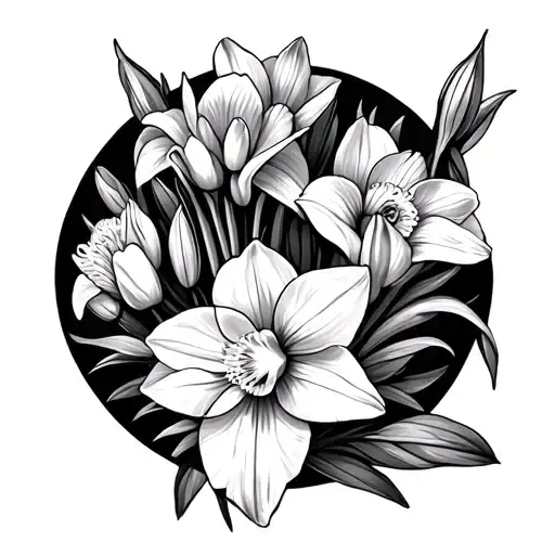 Birth flower family bouquet, realistic looking in color following flowers: Narcissus (specifically the Paperwhite variet tattoo design idea