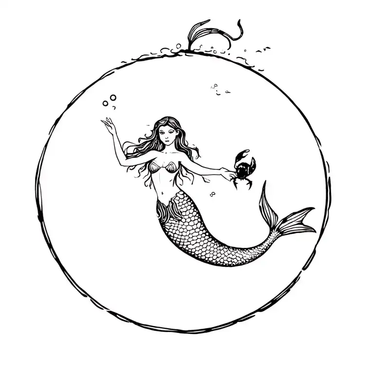 mermaid swimming to surface and a small crab trying to grab the mermaids tail fin mermaids body must have round booty tattoo design idea