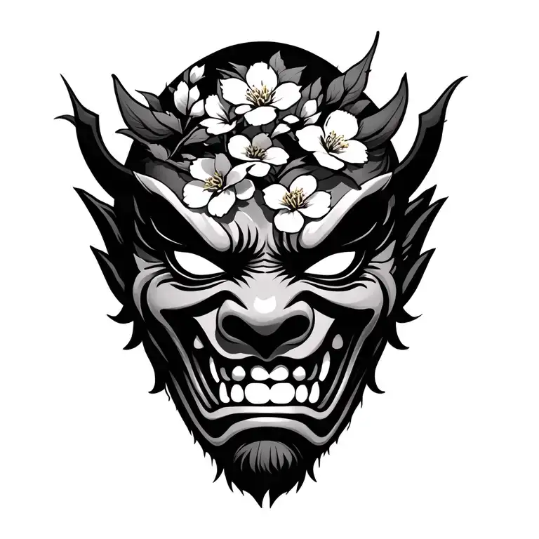 Oni mask with cherry blossoms tattoo design idea