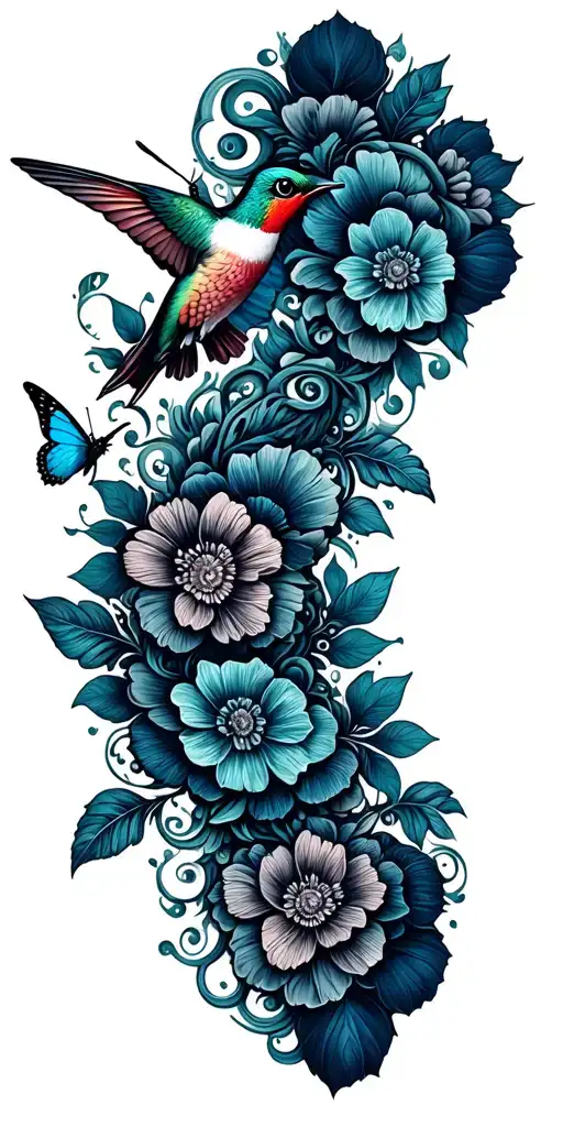 A dotwork tattoo of intricate floral patterns and vines with hummingbirds and butterflies  tattoo design idea