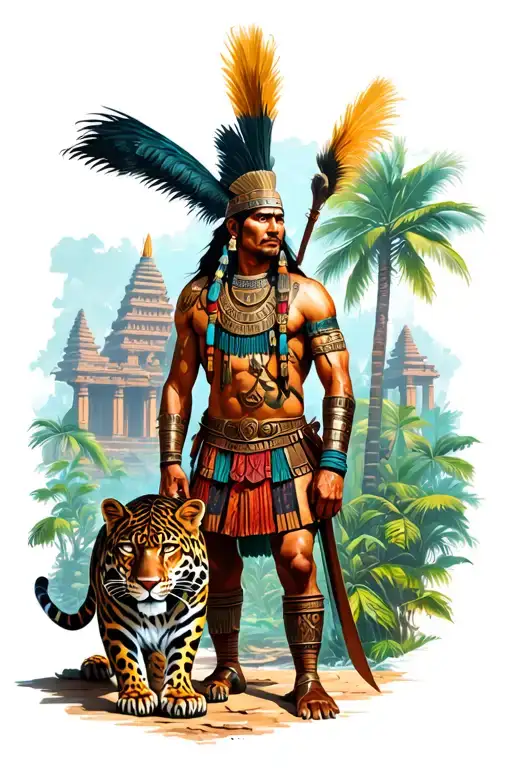 inca warrior with a temple in the jungle background with a jaguar by his side tattoo design idea