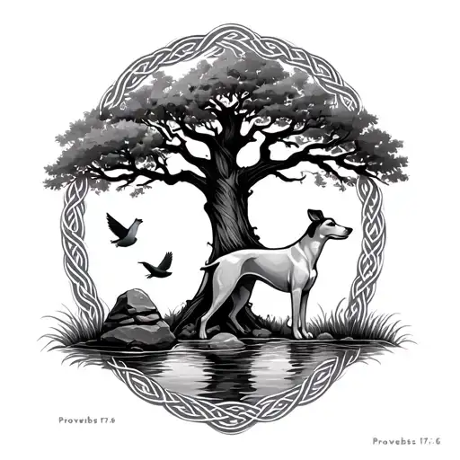 "Proverbs 17:6" "Proverbs 17:6" Standing Greyhound, little rock and dove under oak tree. Grass surrounded by water at base of tree. Celtic knot border.  tattoo design idea