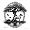 "Proverbs 17:6" "Proverbs 17:6" Standing Greyhound, little rock and dove under oak tree. Grass surrounded by water at base of tree. Celtic knot border.  tattoo design idea