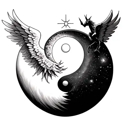 Combine a ying and yang symbol and sun and moon combined with an angel in heaven  with light and devil in with darkness tattoo design idea