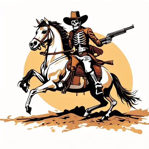 western skelton cowboy riding a skeleton horse with gun  tattoo design idea