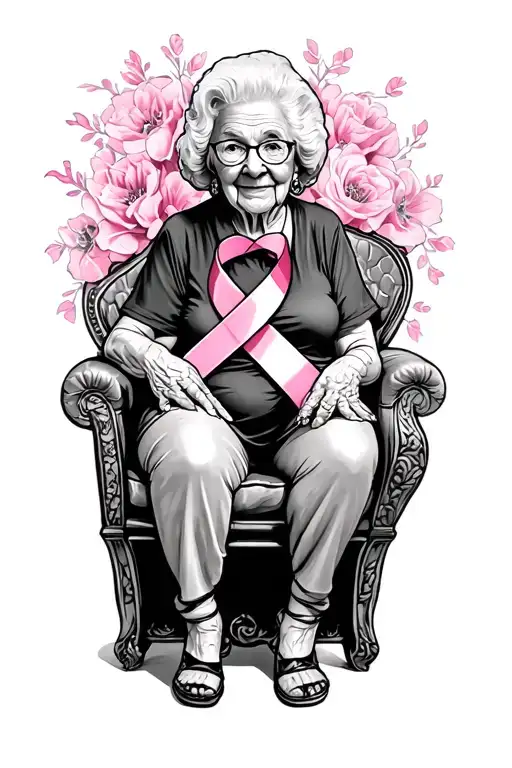 Rip Grandma sitting, breast cancer ribbon wrapped tattoo design idea