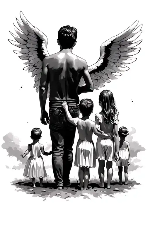 Dad and 3 children (2 girls and 1 boy), back image, and angel wings in the sky for the death of a child tattoo design idea