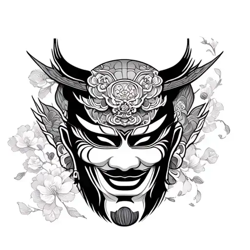 Japanese temple and kabuki mask tattoo design idea