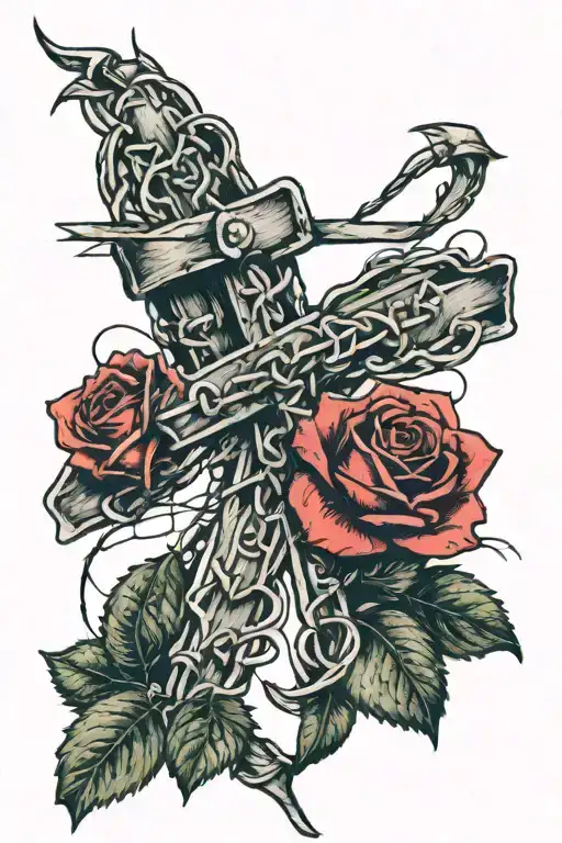 barbed wire cross, with red roses wrapped around it with proverbs 3:15 facing the right side vertically  tattoo design idea