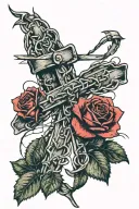 barbed wire cross, with red roses wrapped around it with proverbs 3:15 facing the right side vertically  tattoo design idea