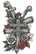 barbed wire cross, with red roses wrapped around it with proverbs 3:15 facing the right side vertically  tattoo design idea