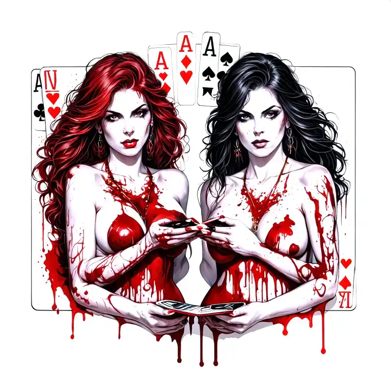  sexy bloody two women with  playing cards playing tattoo design idea
