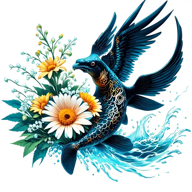 jumping Out of water black koi with phoenix wings, bouquet with an aster, a daisy, a lily of the valley, wave tattoo design idea