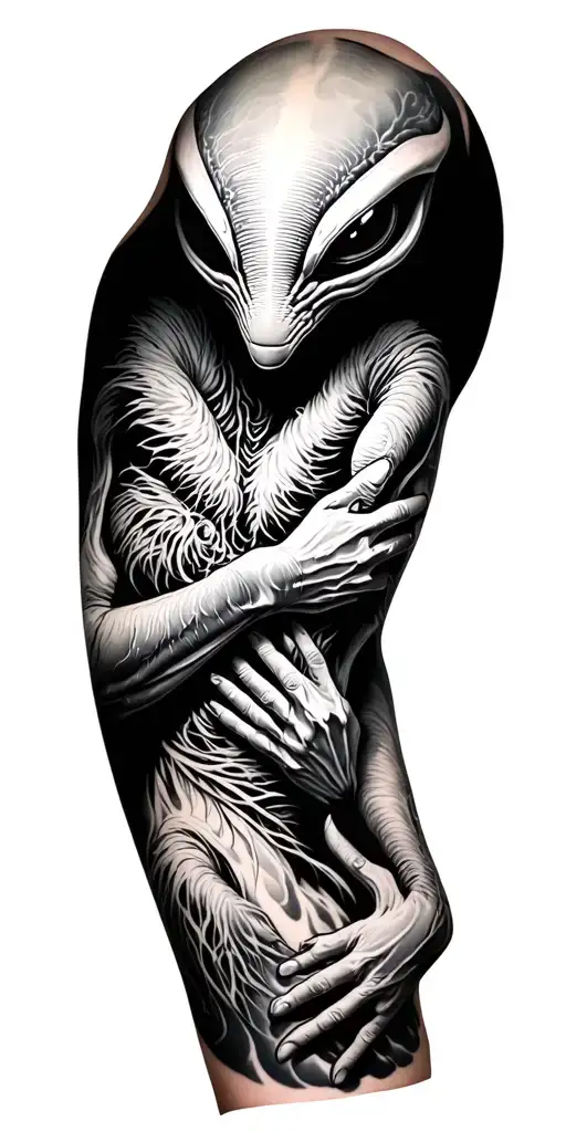 3d alien animal holding onto arm sleeve tattoo design idea
