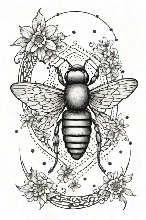 A Pisces symbol surrounded by bees and moths in a symmetrical pattern tattoo design idea