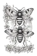 A Pisces symbol surrounded by bees and moths in a symmetrical pattern tattoo design idea