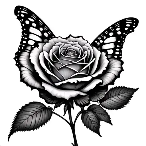 Rose big black gray, below it colored smaller butterfly tattoo design idea