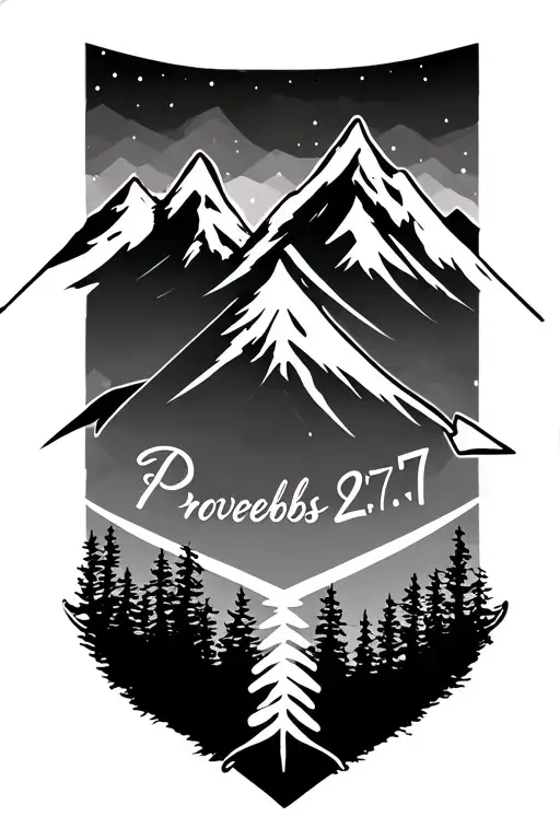 Arrow with shaft of mountains and fletching of trees.  Proverbs 27:17 written in a cursive script below the arrow shaft. tattoo design idea