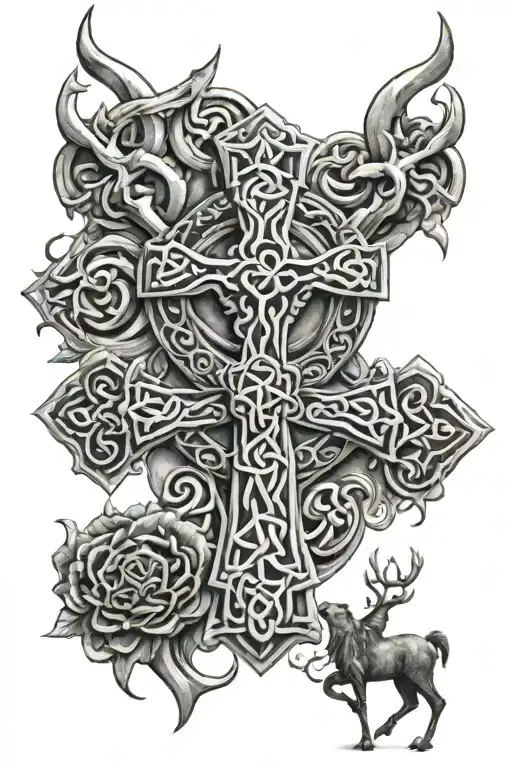 Celtic cross with warrior and deer tattoo design idea