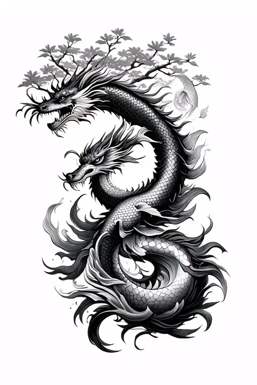  detailed forearm tattoo design integrating the samurai, dragon, koi fish, tree of life, and natural elements. The flow  tattoo design idea