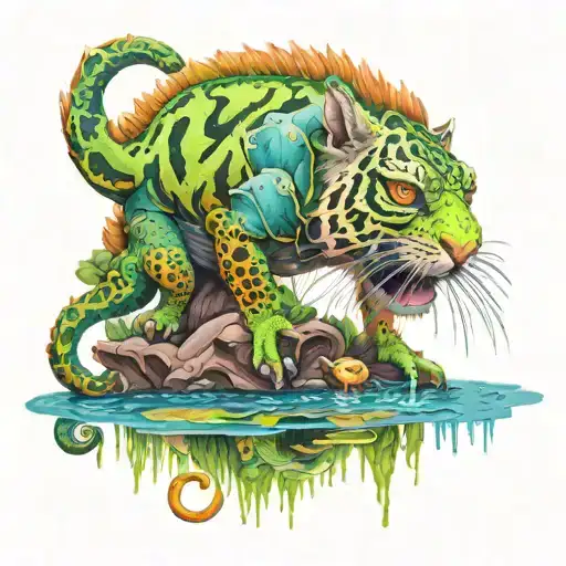 chameleon with reflection in pond with baby tiger and pony and a moon with thunderstorm in background  tattoo design idea