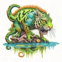 chameleon with reflection in pond with baby tiger and pony and a moon with thunderstorm in background  tattoo design idea