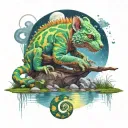 chameleon with reflection in pond with baby tiger and pony and a moon with thunderstorm in background  tattoo design idea