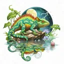 chameleon with reflection in pond with baby tiger and pony and a moon with thunderstorm in background  tattoo design idea