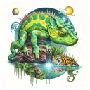 chameleon with reflection in pond with baby tiger and pony and a moon with thunderstorm in background  tattoo design idea