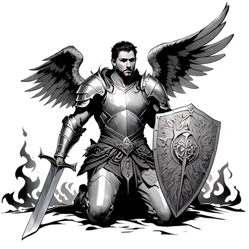 Kneeling man with armour and wings holding a sword and shield with burning kingdom background tattoo design idea