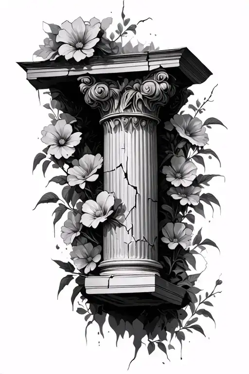 cracked Roman pillar with flowers growing tattoo design idea