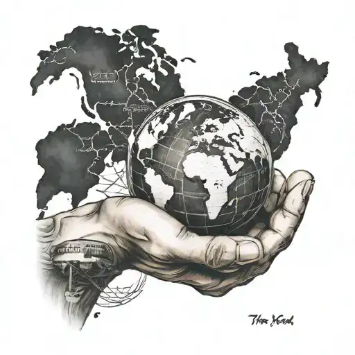 the world is yours hand tattoo, with globe in the background tattoo design idea