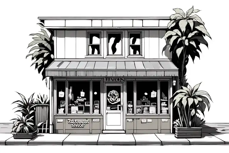 outside of 2 story tattoo shop with big windows and plants inside them tattoo design idea
