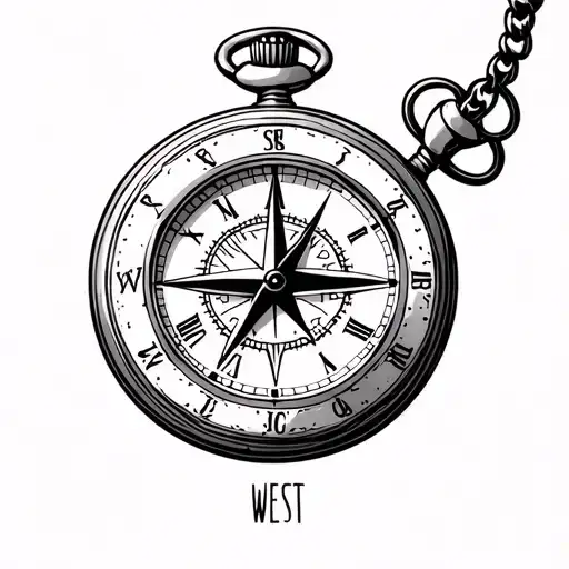 pocket watch with a compass face and the hour hand on north and minute hand on west tattoo design idea