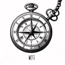 pocket watch with a compass face and the hour hand on north and minute hand on west tattoo design idea