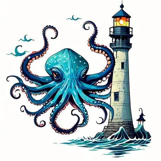 octopus ray and lighthouse that lights the sea tattoo design idea