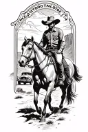A tattoo design of a cowboy riding a horse through the desert and canyon and old vintage cars are in the background   tattoo design idea