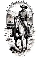 A tattoo design of a cowboy riding a horse through the desert and canyon and old vintage cars are in the background   tattoo design idea