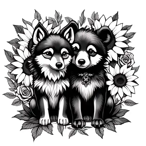  cute baby wolf and bear sitting with sunflowers and roses. black tattoo design idea