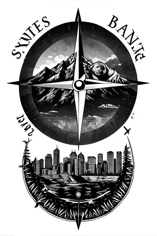 Compass, mountains, bear, wolf, koala, kangaroo, sydney skyline, banff skyline, vancouver skyline tattoo design idea