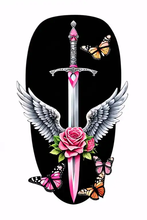wings with sword and roses with a cancer ribbon and monarch butterflies tattoo design idea