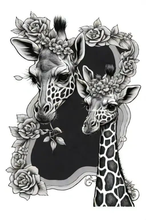 baby giraffe standing flowers tattoo design idea