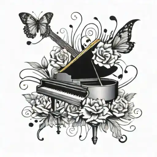 piano, handpan,electric guitar,blue lotus flower, butterfly, bow tie, Deja vu,illusion, music note tattoo design idea
