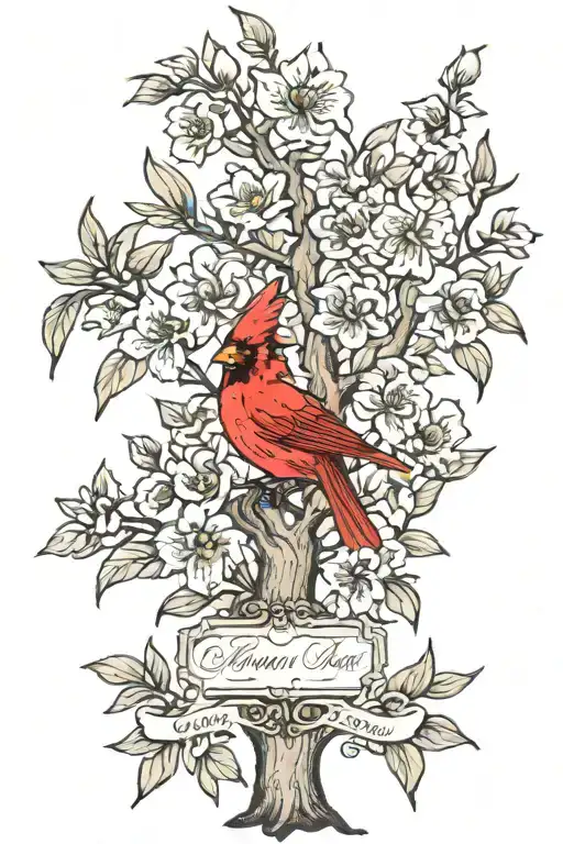 family tree with 2 cardinals and peoneies and irises  tattoo design idea