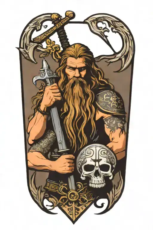viking with long hair holdiing a sword surround by skulls tattoo design idea